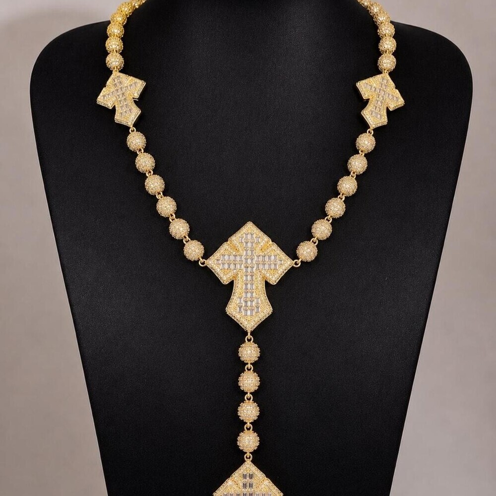 Iced Out Triple Cross Rosary 16inch